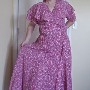 Vintage MS Chaus Floral Ruffle Pink Wrap Dress Medium Large